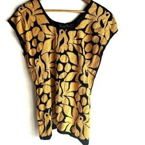 Vintage Fully Embroidered Black Mustard Green Summer Boho Top S